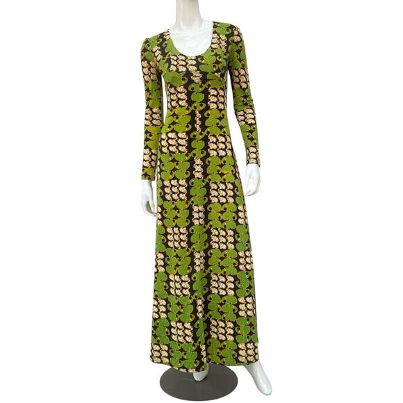 Vintage 60’s/70’s Elephant Print Op-Art Long Sleeve Maxi Dress, XS/S - Picture 2 of 13